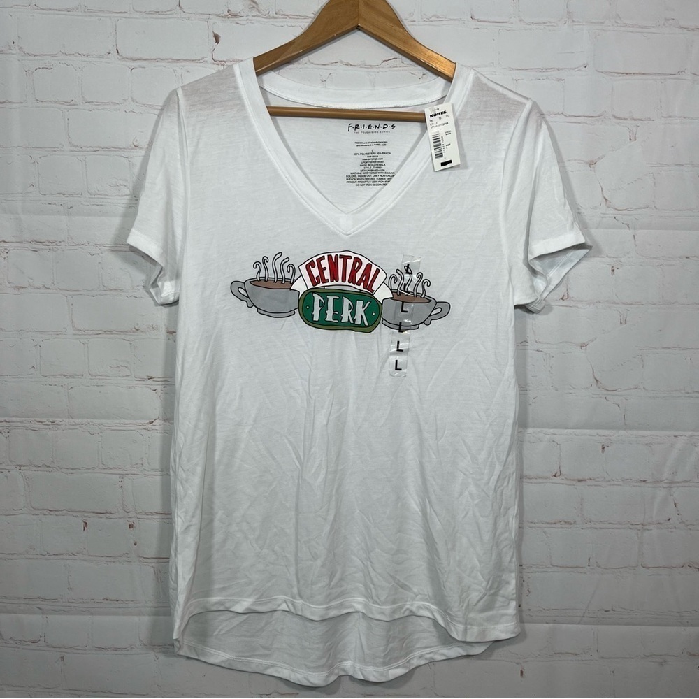FRIENDS TV Series Central Perk T-Shirt Womens Large White V neck Tee NWT